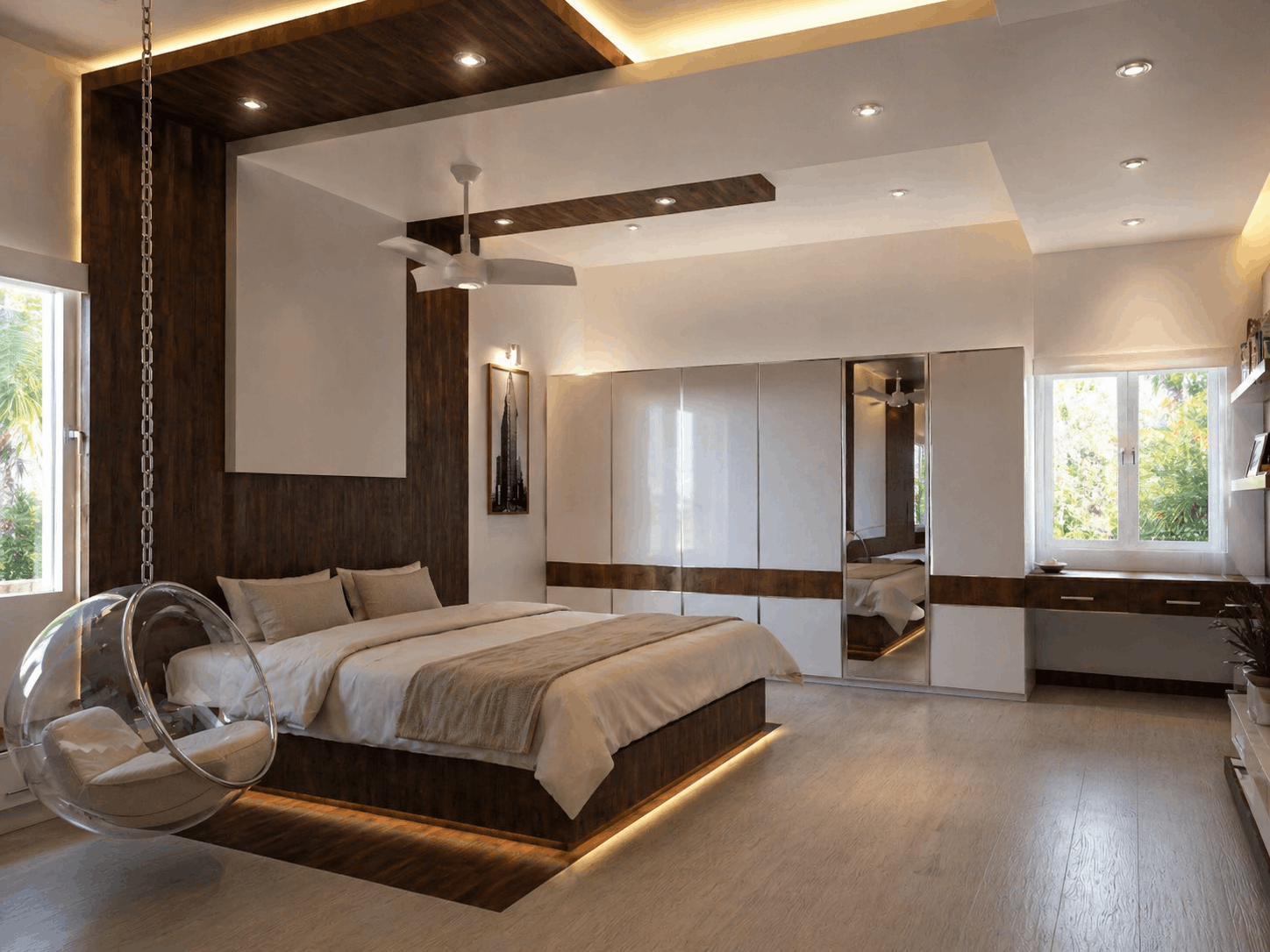 Ambrish Residence bedroom — upper floor with built-in wardrobe