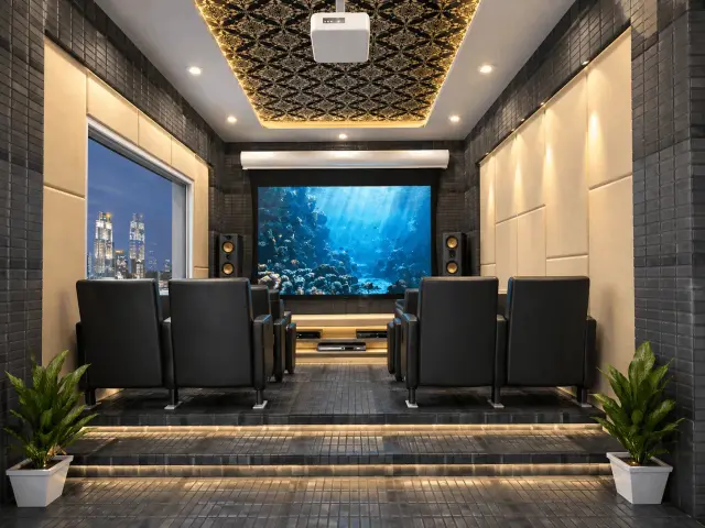 Home theatre with two rows of black leather recliners on a lit step, a projection screen, dark tiled walls and padded acoustic panels