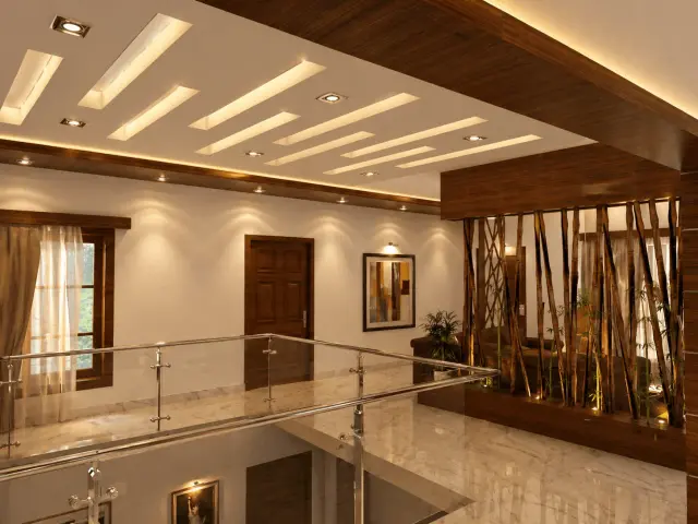 First-floor family lounge with a glass balustrade over the stairwell, a bamboo screen and angled wooden ceiling strips