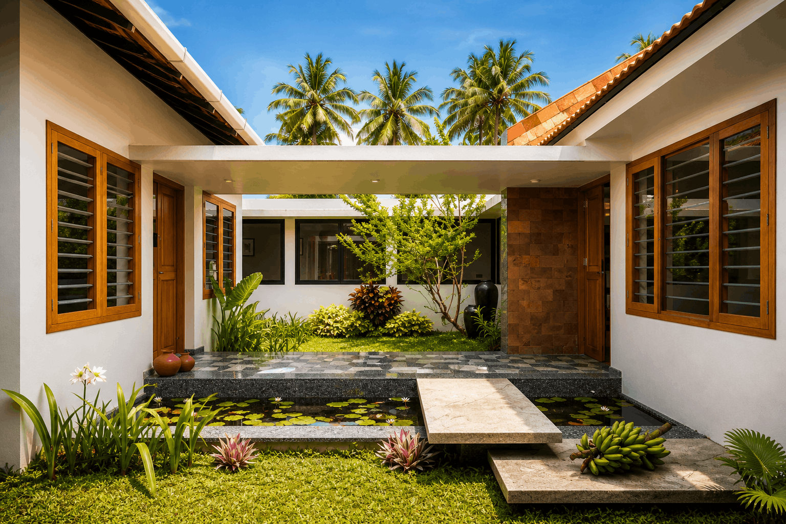 Kishore Farmhouse courtyard detail — light through brick jaali