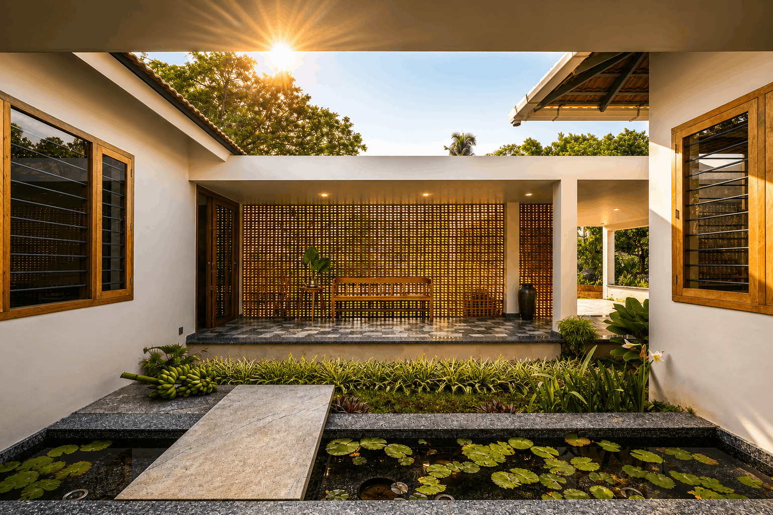 Kishore Farmhouse central courtyard with lily pond — water court view
