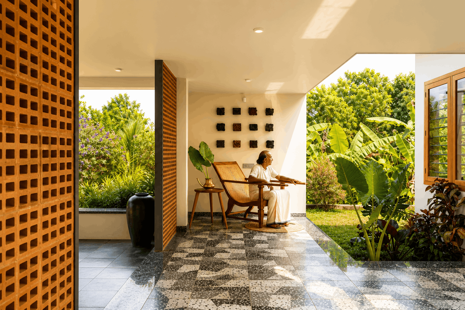 Kishore Farmhouse interior detail — teak joinery and terracotta floor
