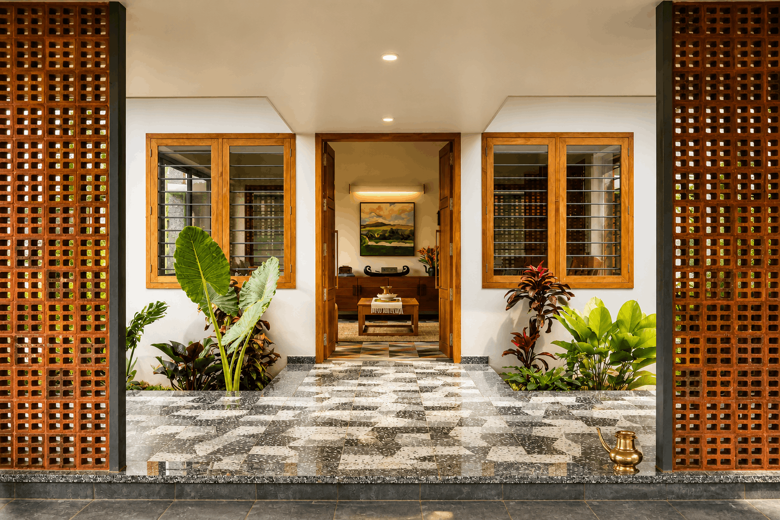 Kishore Farmhouse entrance — teak doors and lime-washed walls
