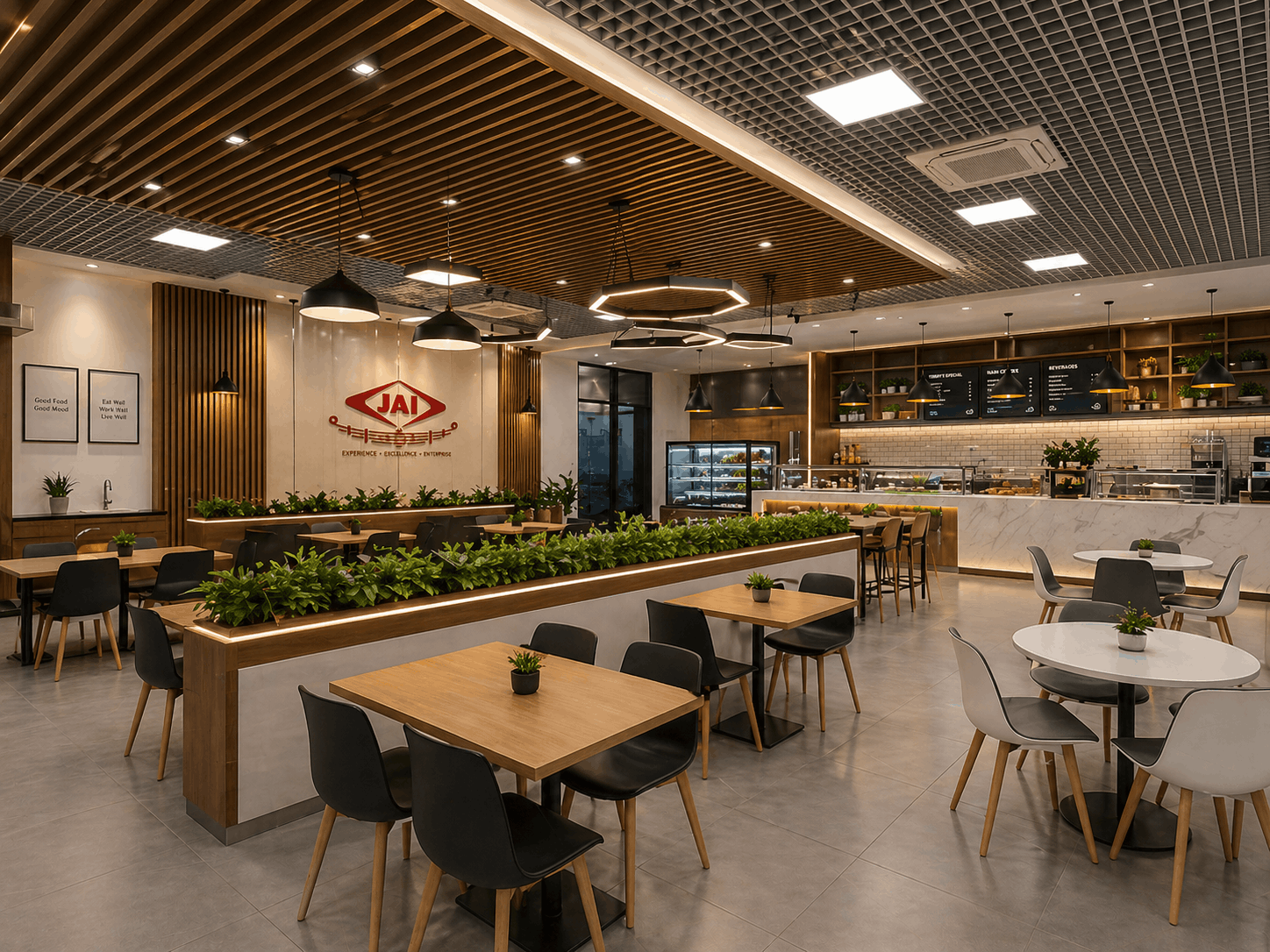Jamna Auto Industries staff cafeteria — dining and break area for 200-plus staff