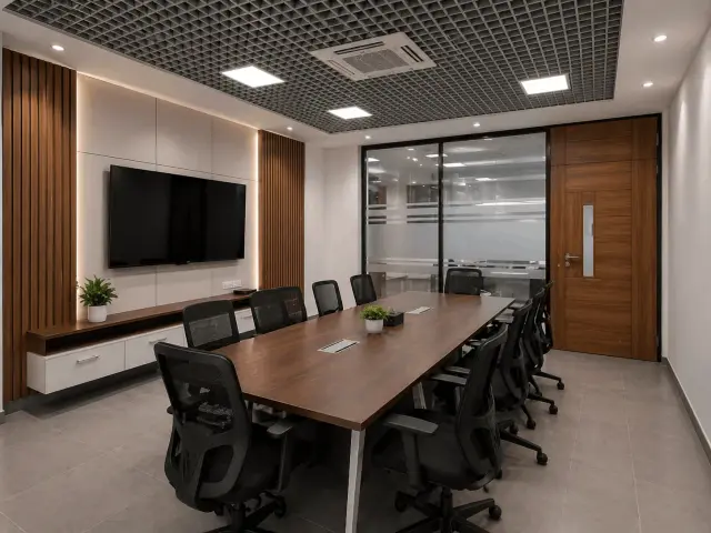 Conference room with a long wooden table, black mesh chairs, a wall-mounted screen and wooden slat panels beside a glass partition