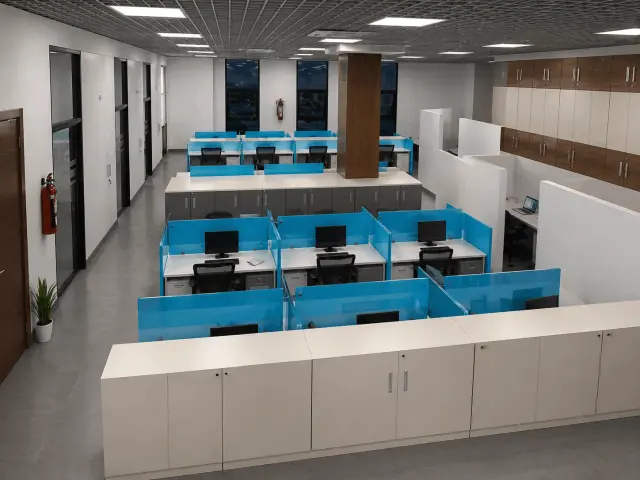 Open-plan office with rows of workstations divided by blue partitions under a grid ceiling, seen from above