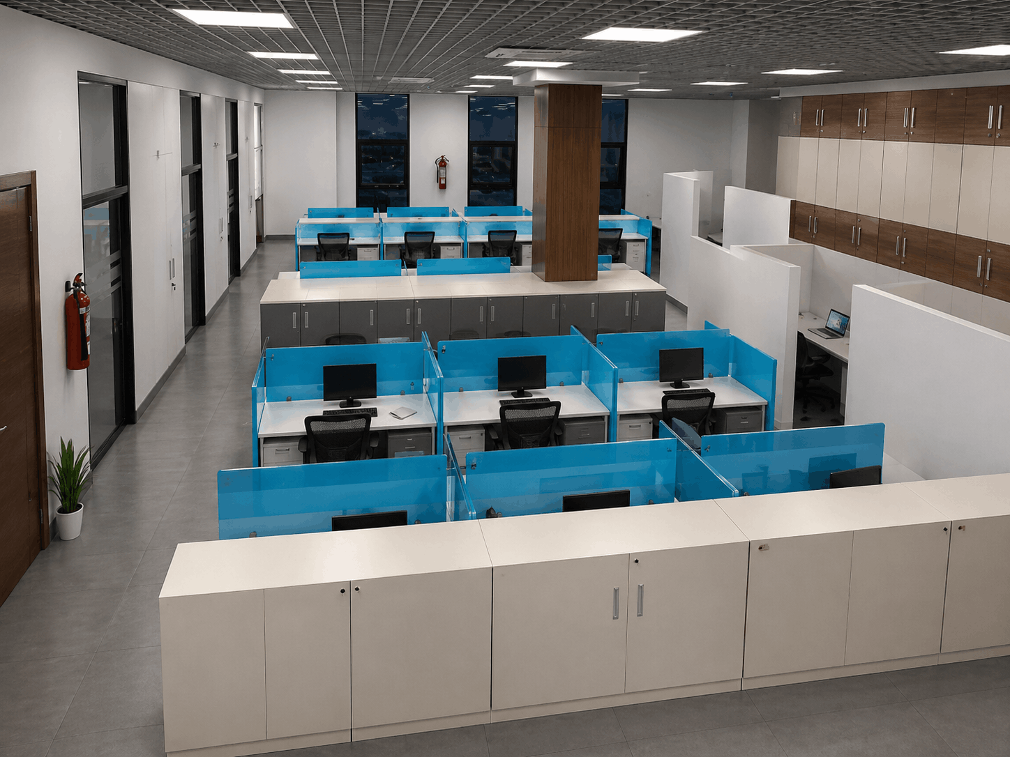 Jamna Auto Industries open-plan office floor — workstation clusters and task lighting