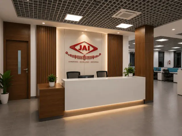 Office reception with a white desk lit from below, vertical wooden slat panels and the red JAI company logo on the wall