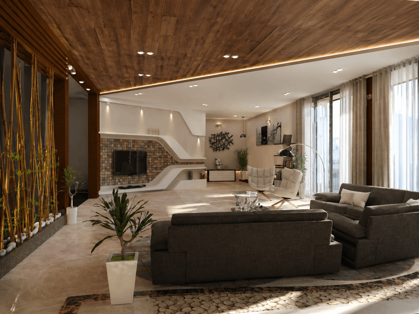 Vinutha Residence living room lounge view — natural light and bespoke joinery