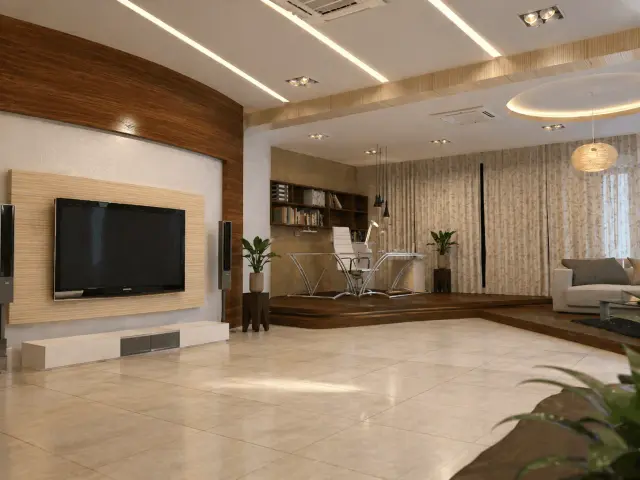 Living room with a wall-mounted TV on a pale wood panel, a curved wooden ceiling band and a raised study corner with bookshelves