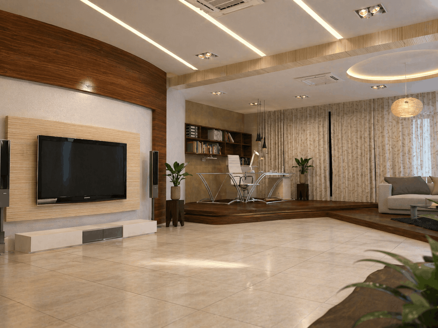 Vinutha Residence living room — open plan with stone floors and timber joinery